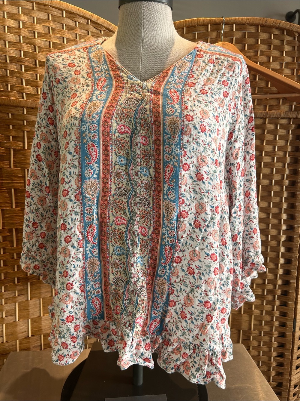 Boho Floral Paisley Blouse Bell Sleeve Ruffle Hem Cynthia Rowley 1X